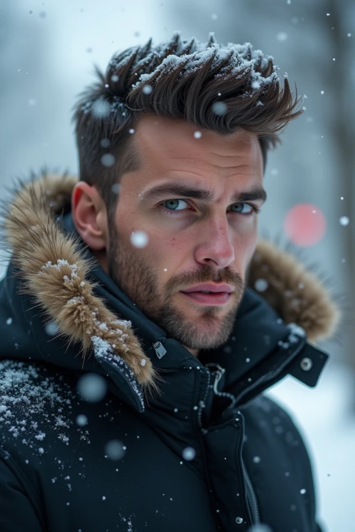 Young man in winter coat during a snowstorm.