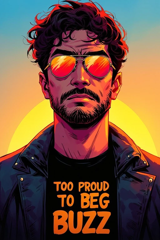 Man with curly hair and aviator sunglasses at sunset.