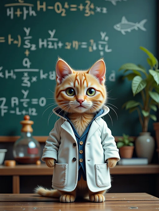 Cat in lab coat with fish doodle on chalkboard.