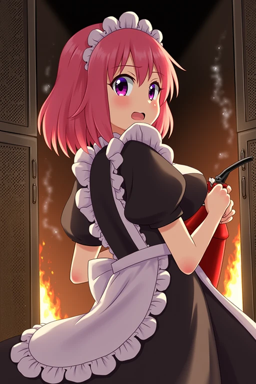 Pink-haired maid with fire extinguisher in flames.
