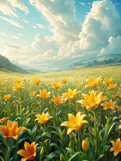 Spring landscape with flower fields, windmill, and sunrise.