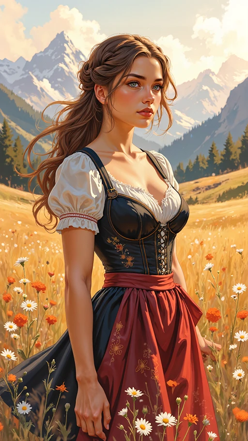 Anime-style woman in alpine meadow with misty mountains.