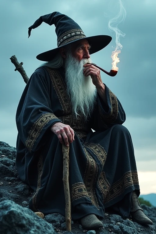 Wizard with silver beard sitting under a twilight sky.